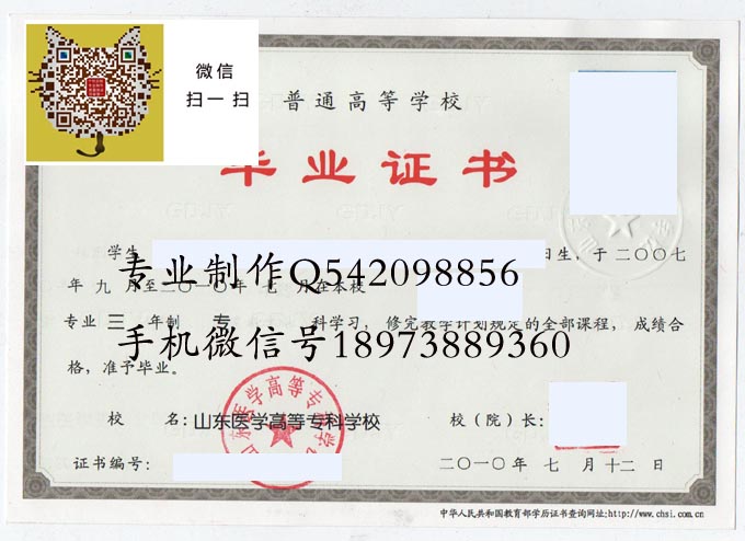 山东医学高等专科学校毕业证样本展示图片